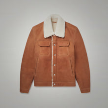 Load image into Gallery viewer, Mens Brown Suede Leather Shearling Trucker Jacket
