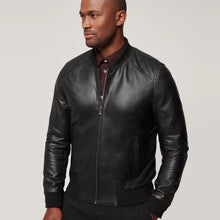 Load image into Gallery viewer, Mens Classic Black Lambskin Leather Bomber Jacket
