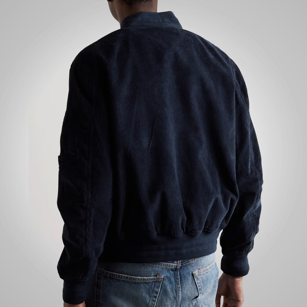 Mens Dark Blue Sleek Corduroy Bomber Jacket