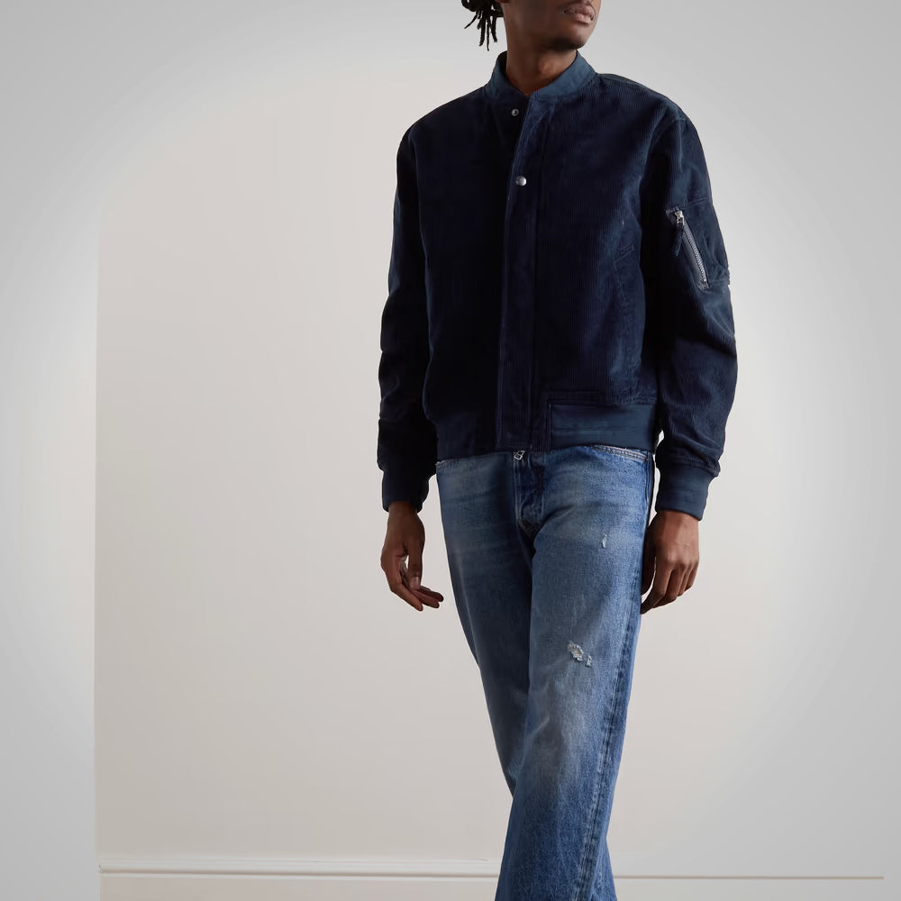 Mens Dark Blue Sleek Corduroy Bomber Jacket
