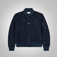 Load image into Gallery viewer, Mens Dark Blue Sleek Corduroy Bomber Jacket
