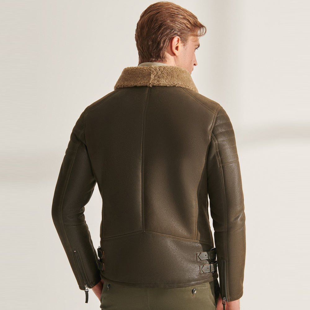 Mens Green  RAF Shearling Airforce Sheepskin Aviator Leather Jacket