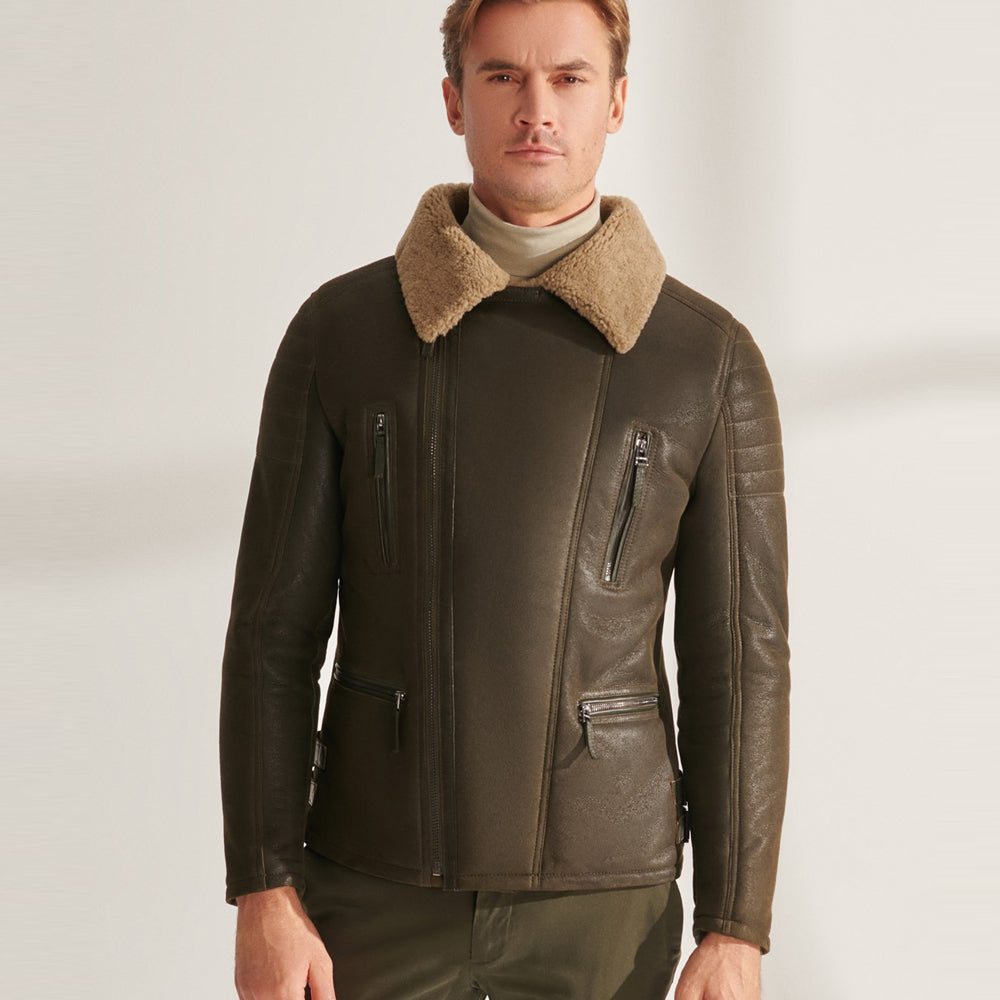 Mens Green  RAF Shearling Airforce Sheepskin Aviator Leather Jacket