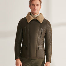 Load image into Gallery viewer, Mens Green  RAF Shearling Airforce Sheepskin Aviator Leather Jacket
