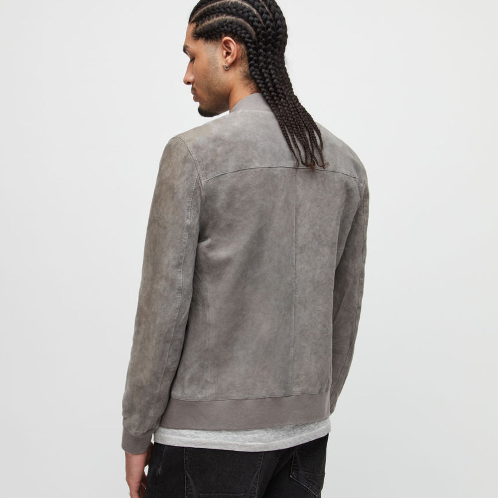 Mens Grey Suede Leather Bomber Jacket