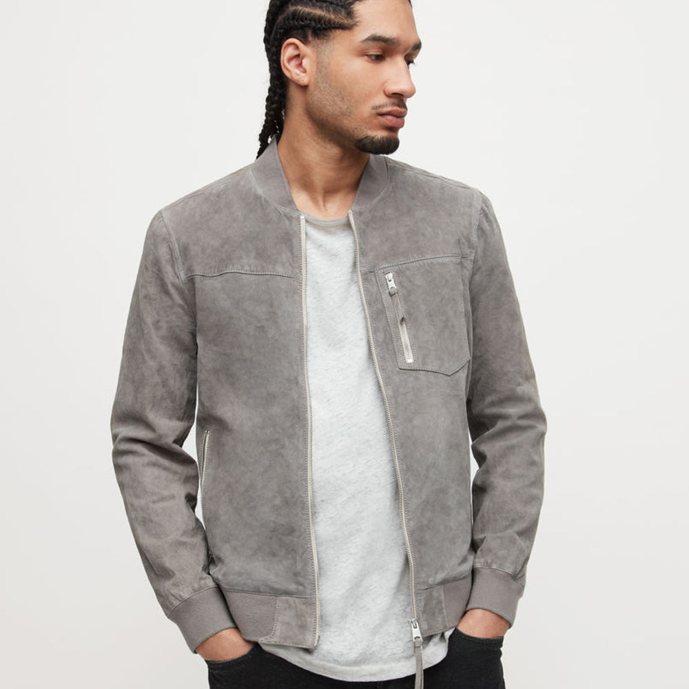 Mens Grey Suede Leather Bomber Jacket