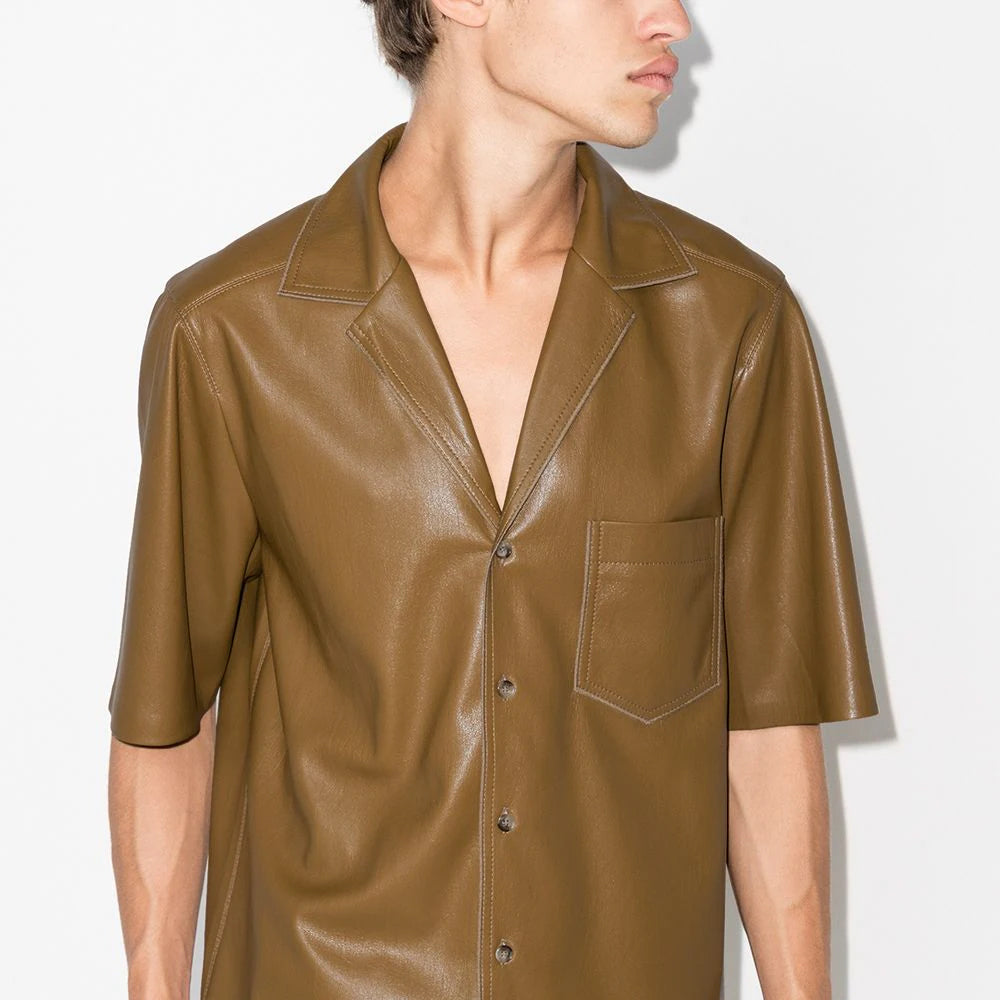 Mens Half Sleeves Khaki Leather Shirt