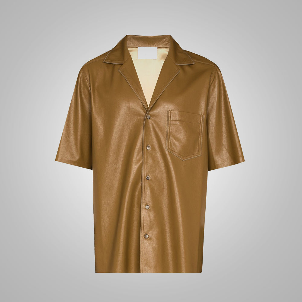 Mens Half Sleeves Khaki Leather Shirt
