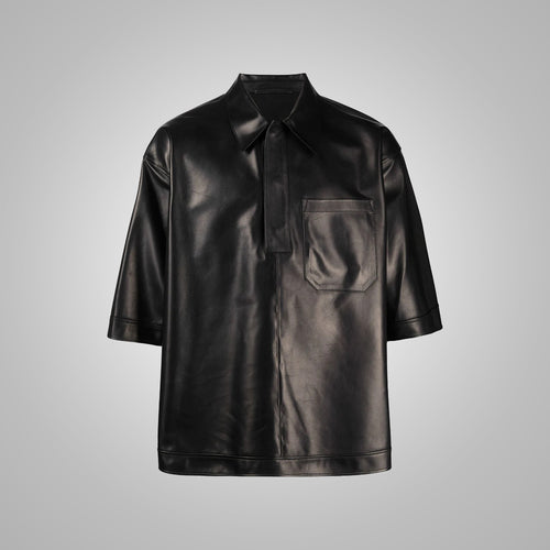 Mens Half Sleeves Soft Sheepskin Black Leather Shirt
