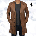 Mens Jackson Distressed Brown Winter Car Leather Trench Coat - Shearling leather