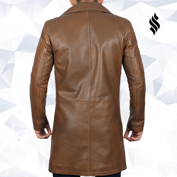 Mens Jackson Distressed Brown Winter Car Leather Trench Coat - Shearling leather