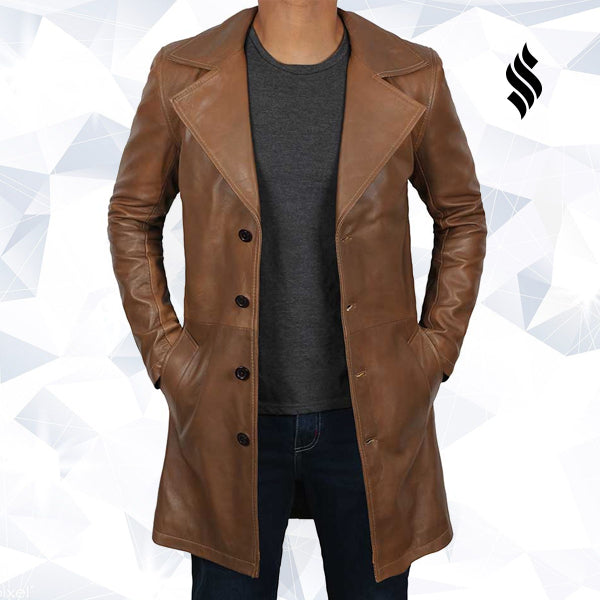 Mens Jackson Distressed Brown Winter Car Leather Trench Coat - Shearling leather