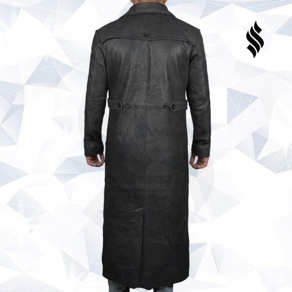 Mens Leather Black Winter Trench Coat - Full Length Overcoat - Shearling leather
