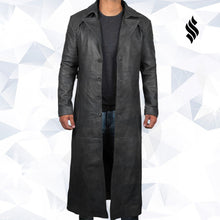 Load image into Gallery viewer, Mens Leather Black Winter Trench Coat - Full Length Overcoat - Shearling leather
