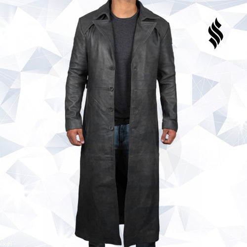 Mens Leather Black Winter Trench Coat - Full Length Overcoat - Shearling leather