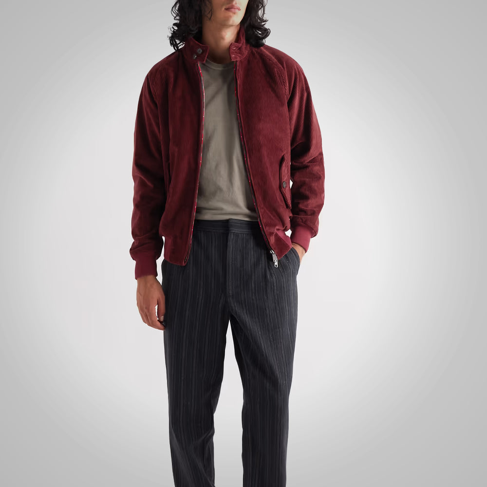 Mens Maroon Bomber Corduroy Jacket