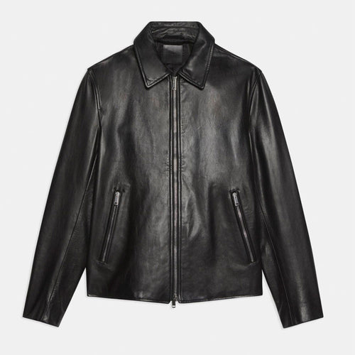 Mens Pointed Collar Black Shirt Style Leather Jacket