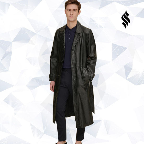 Mens Retro Leather Vintage Long Trench Coat - Shearling leather