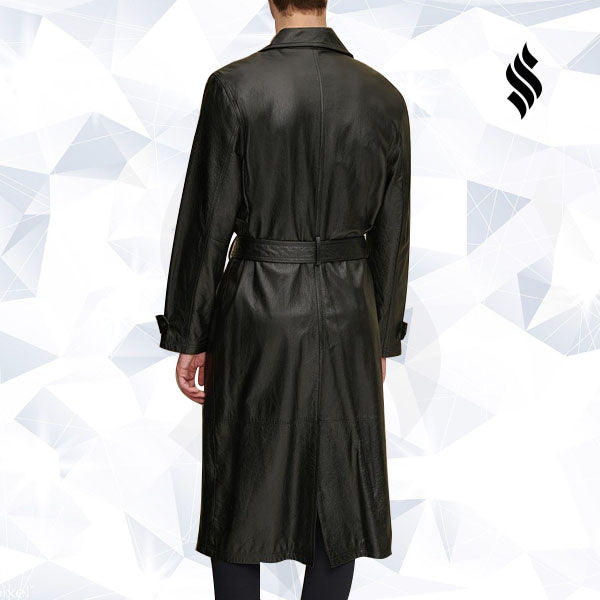 Mens Retro Leather Vintage Long Trench Coat - Shearling leather
