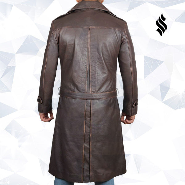 Mens Rorschach Distressed Brown Travelling Winter Long Leather Trench Coat - Shearling leather