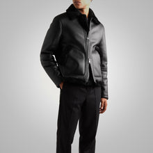 Load image into Gallery viewer, Mens Shearling Lined Leather Black Trucker Jacket
