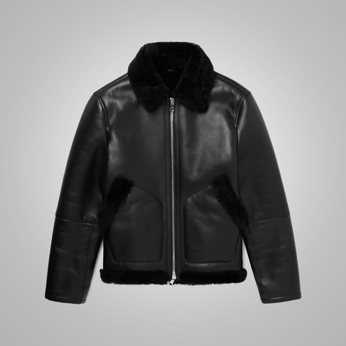 Mens Shearling Lined Leather Black Trucker Jacket