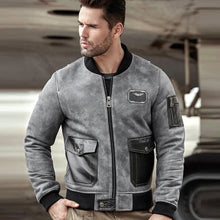 Load image into Gallery viewer, Mens A2 Airforce Sheepskin Shearling Motorcycle Leather Bomber Jacket
