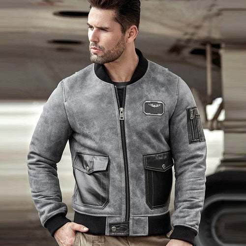 Mens A2 Airforce Sheepskin Shearling Motorcycle Leather Bomber Jacket