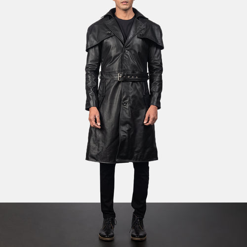 Mens Shinny Black Belted Lambskin Leather Duster Coat