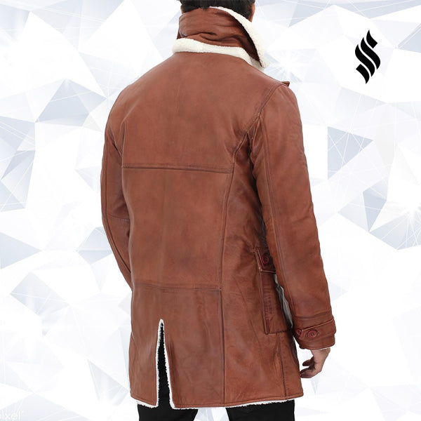 Mens Tan Bane Shearling Leather Trench Coat - Shearling leather