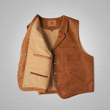 Load image into Gallery viewer, Mens Vintage Brown Sheepskin Leather Cowboy Vest 
