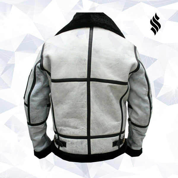 Mens WW RAF B3 Flying Fur Bomber Aviator Black Shearling Sheepskin White Leather Jacket - Shearling leather