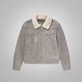Mens White Fur Collar Grey Suede Leather Trucker Jacket