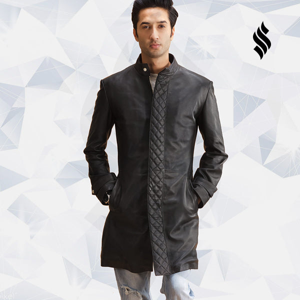 Midlander Quilted Black Leather Trench Coat - Shearling leather