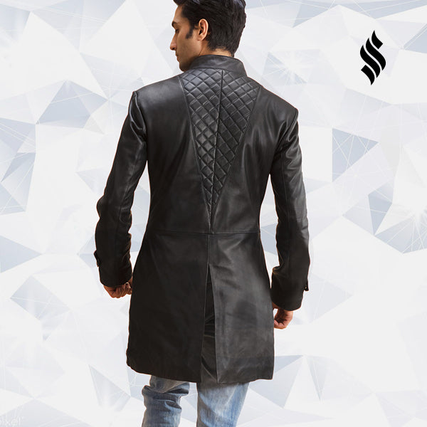 Midlander Quilted Black Leather Trench Coat - Shearling leather