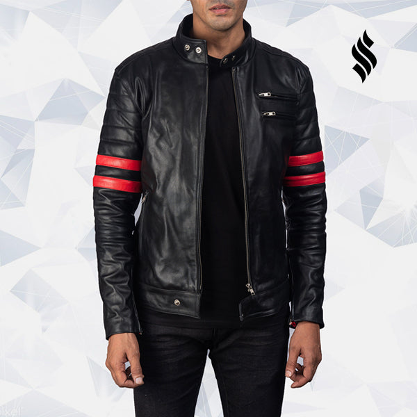 Monza Black & Red Leather Biker Jacket - Shearling leather