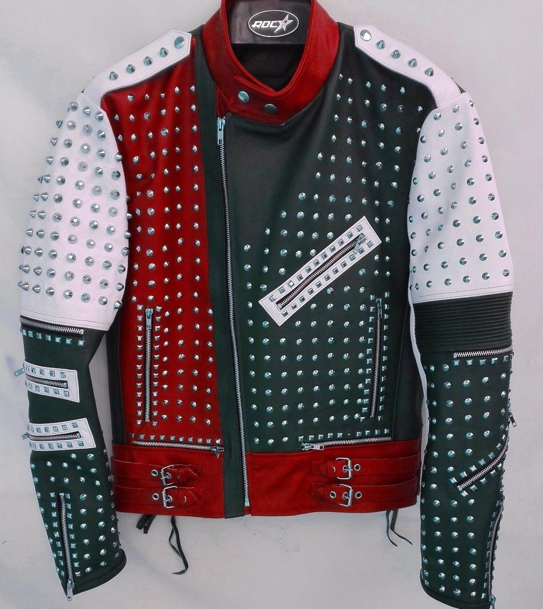 Multi Color Biker Studded Leather Coat Jacket with Adjustable Waist Belted Strap - Shearling leather