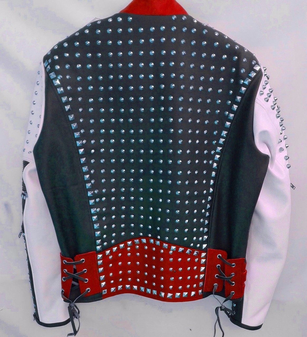 Multi Color Biker Studded Leather Coat Jacket with Adjustable Waist Belted Strap - Shearling leather