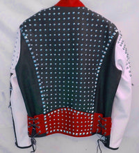 Load image into Gallery viewer, Multi Color Biker Studded Leather Coat Jacket with Adjustable Waist Belted Strap - Shearling leather
