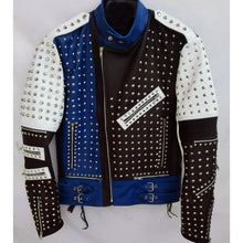 Load image into Gallery viewer, Multi Color Full Studded Biker Leather Jacket with Adjustable Waist Belted Strap - Shearling leather
