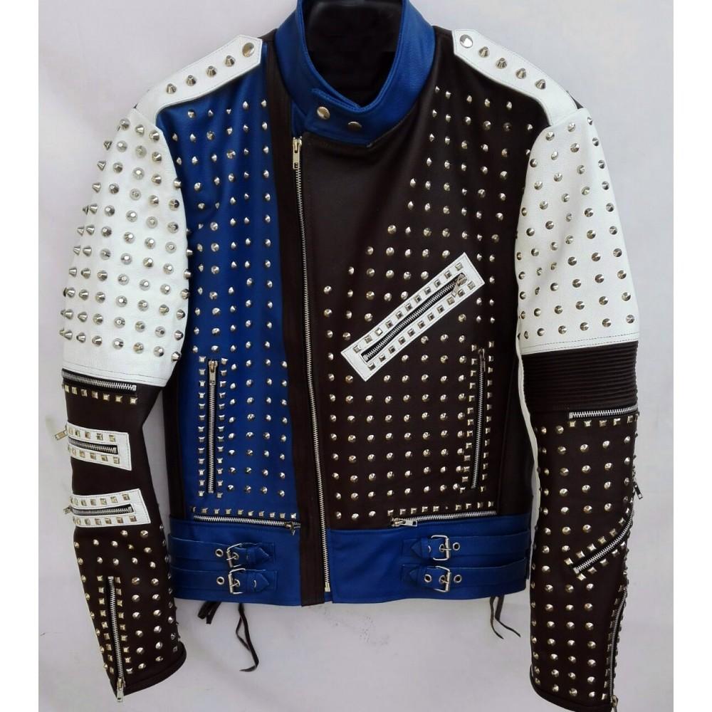 Multi Color Full Studded Biker Leather Jacket with Adjustable Waist Belted Strap - Shearling leather