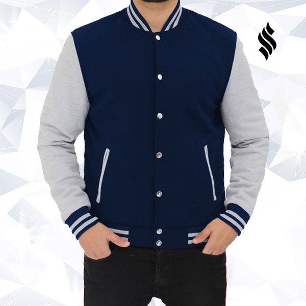 Navy Blue and Gray Varsity Jacket Mens - Shearling leather