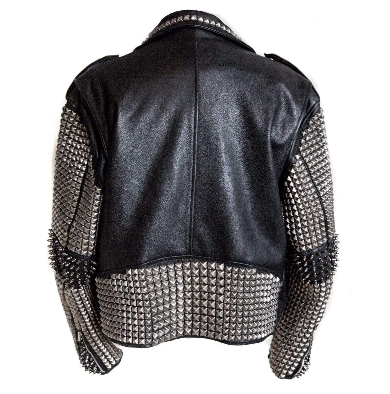 Full Black Punk Silver Spiked Studded Cowhide Leather Stylish Jacket - Shearling leather