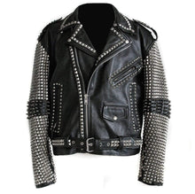 Load image into Gallery viewer, Full Black Punk Silver Spiked Studded Cowhide Leather Stylish Jacket - Shearling leather
