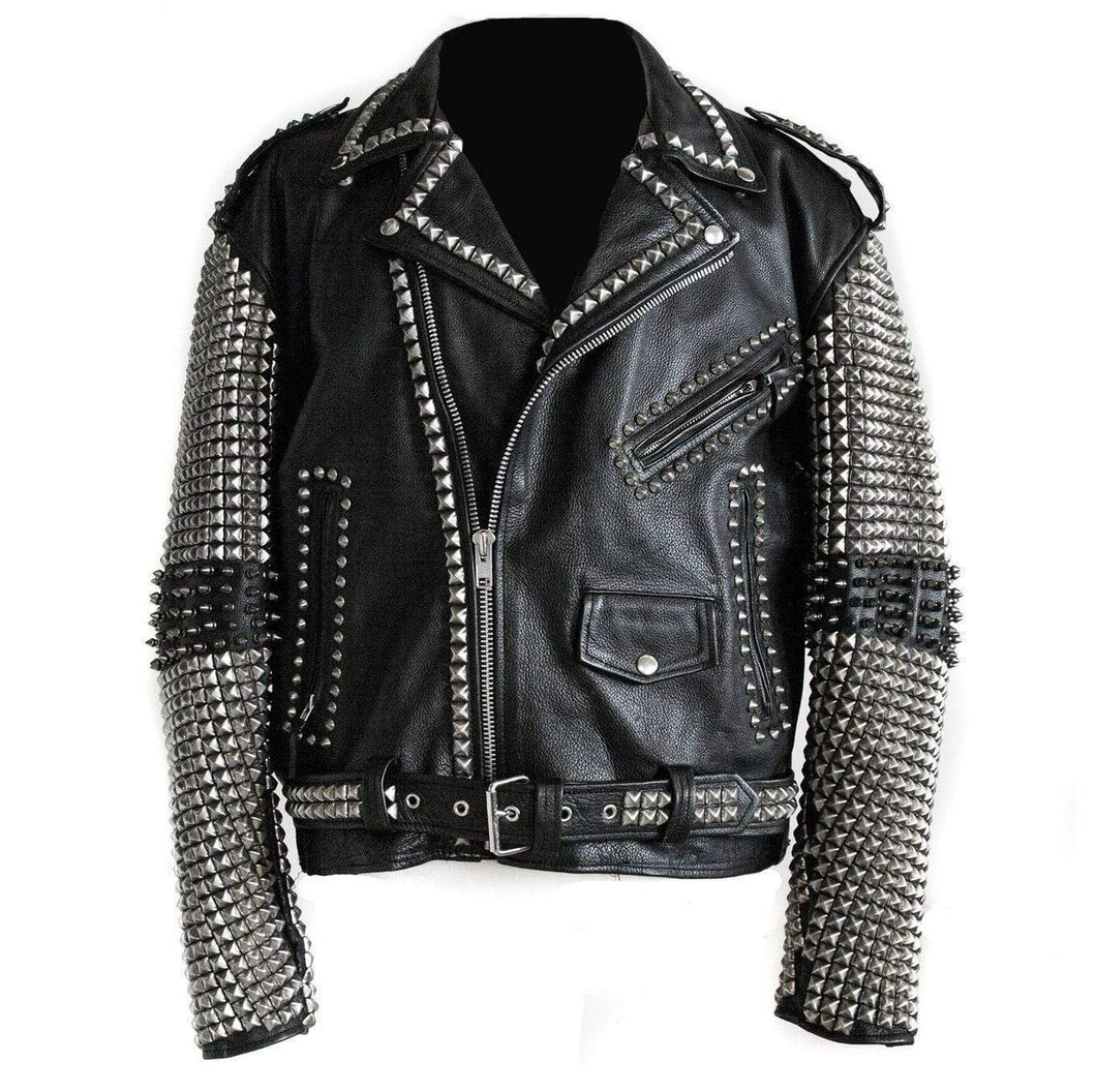 Full Black Punk Silver Spiked Studded Cowhide Leather Stylish Jacket - Shearling leather