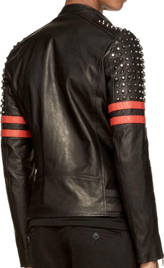 New Men's Back Red Half Silver Studded Stripes Biker Leather Jacket - Shearling leather