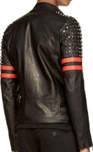 Load image into Gallery viewer, New Men&#39;s Back Red Half Silver Studded Stripes Biker Leather Jacket - Shearling leather
