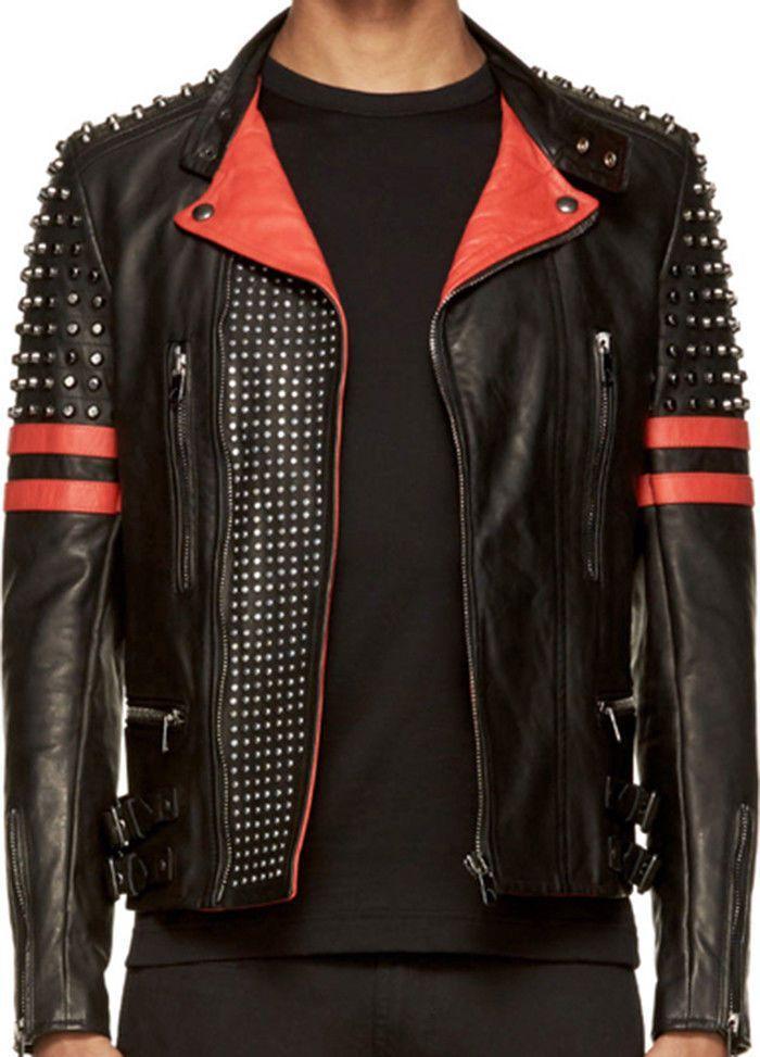 New Men's Back Red Half Silver Studded Stripes Biker Leather Jacket - Shearling leather