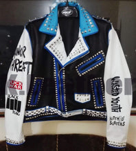 Load image into Gallery viewer, Mens Multi color Studded Printed Logos Punk Leather Jacket - Shearling leather
