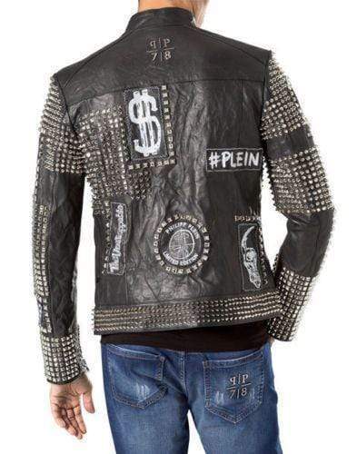 Mens Punk Biker Full Black Studded Embroidery Patches Leather Jacket - Shearling leather